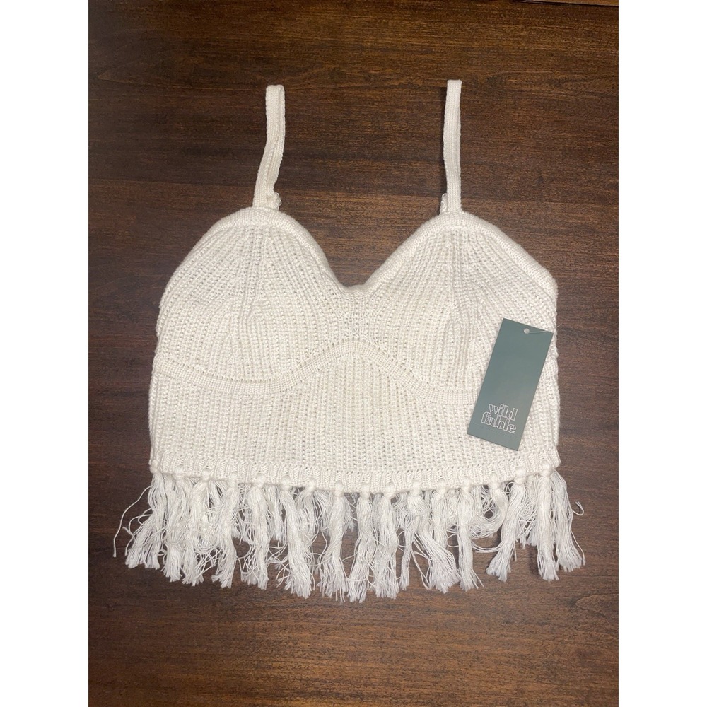 NWT Wild Fable Knit Fringe Crop Top Cream XS Boho Festival Y2K Crochet Tank